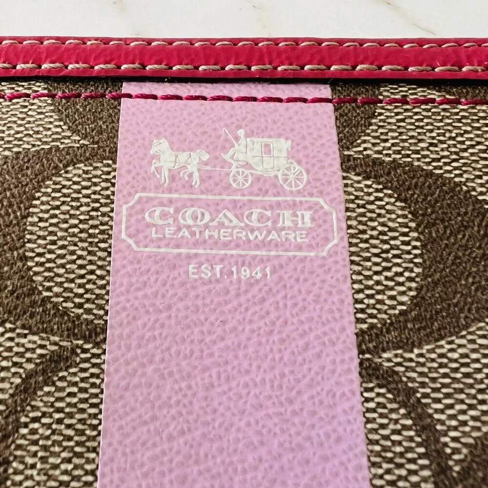 COACH Heritage Khaki Pink Stripe Accordion Zip Wallet In Signature Canvas